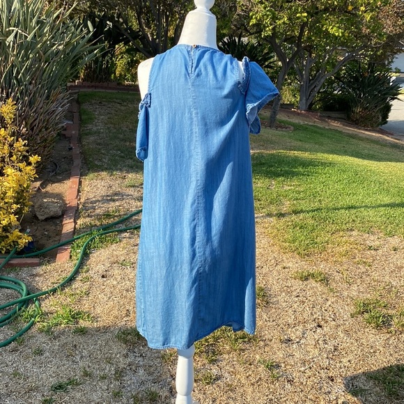 BLUE DENIM MIDI DRESS  LC LAUREN CONRAD SHIFT XS OFF SHOULDER faux DENIM… - Picture 5 of 11